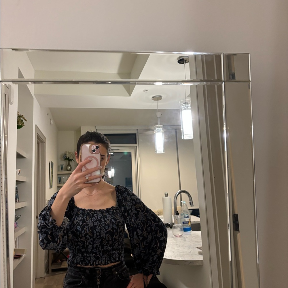 Olivaceous Navy Floral Smocked Square-Neck Crop Top